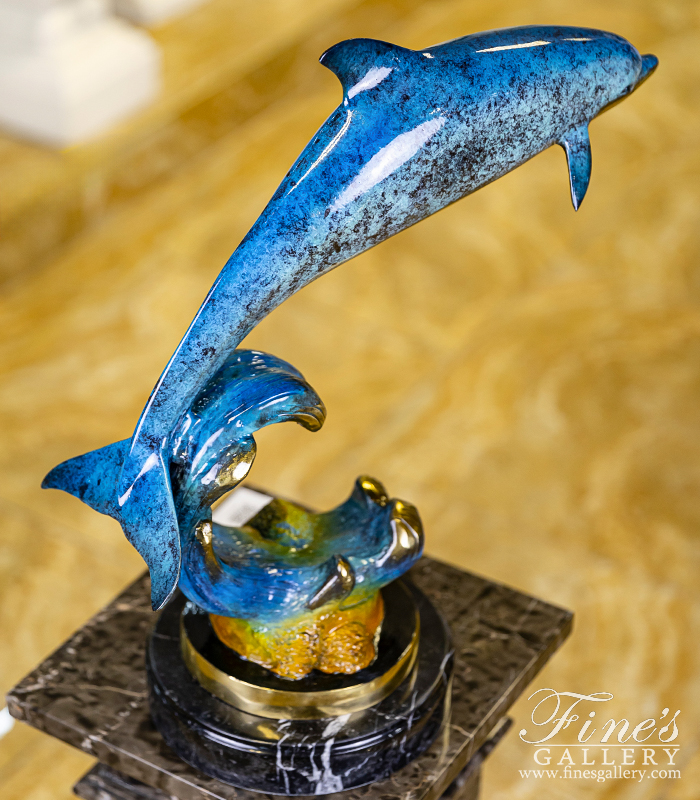 Bronze Statues  - Dolphin Riding Wave In Brilliant Blue Bronze - BS-1722